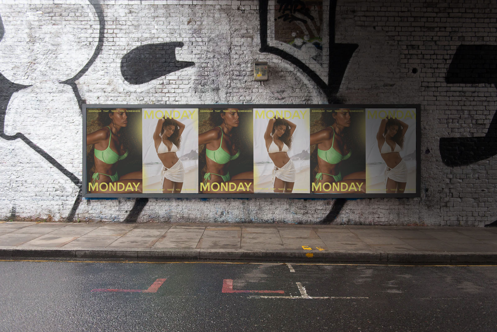 Wheatpaste street poster installation for Monday Swimwear in New Jersey
